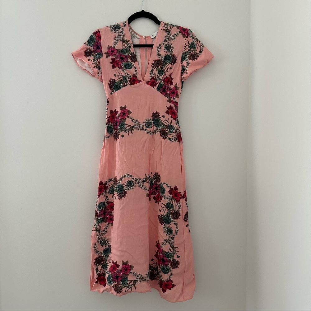 Sandro Pink Floral Midi Dress V Neckline Size EU 34/ US 0/XS